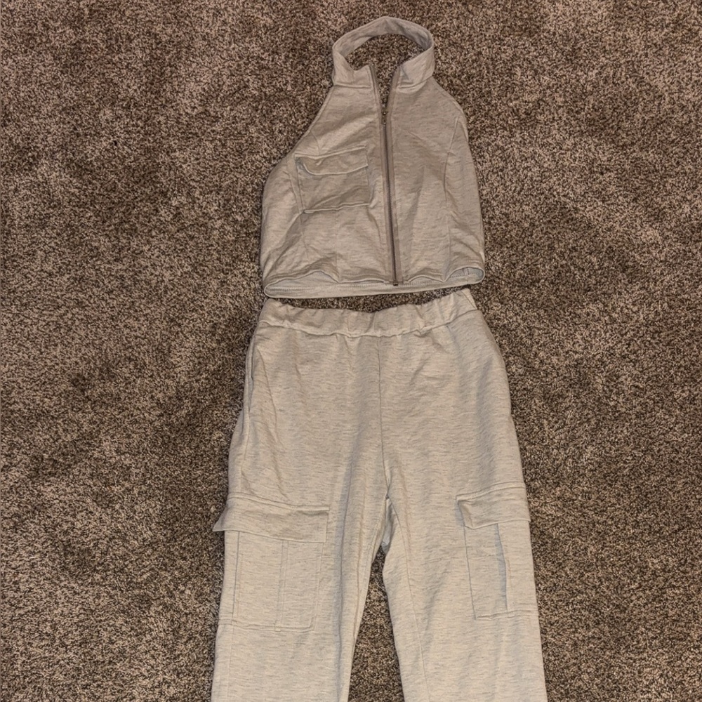 Women's Light Gray Cargo Joggers and shirt set